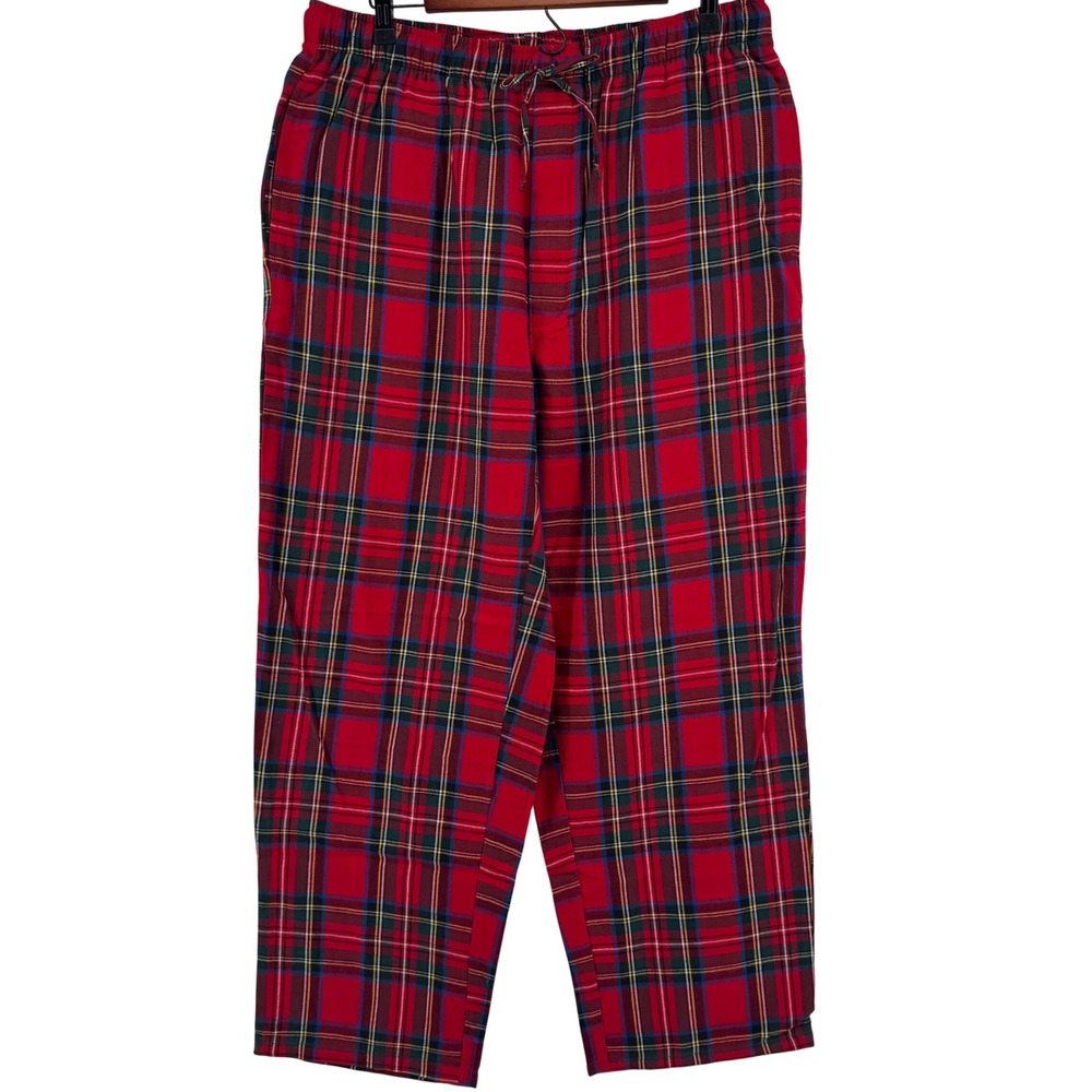 Lands End Pajama Pants Mens Large Red Plaid Cotton Drawstring Tartan Flannel NEW
